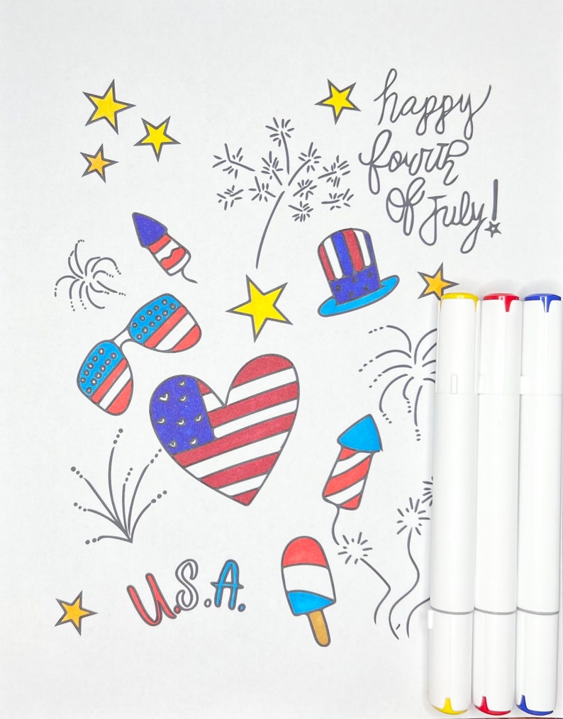 Fourth of July Doodles Coloring Page PNG File in Black and White