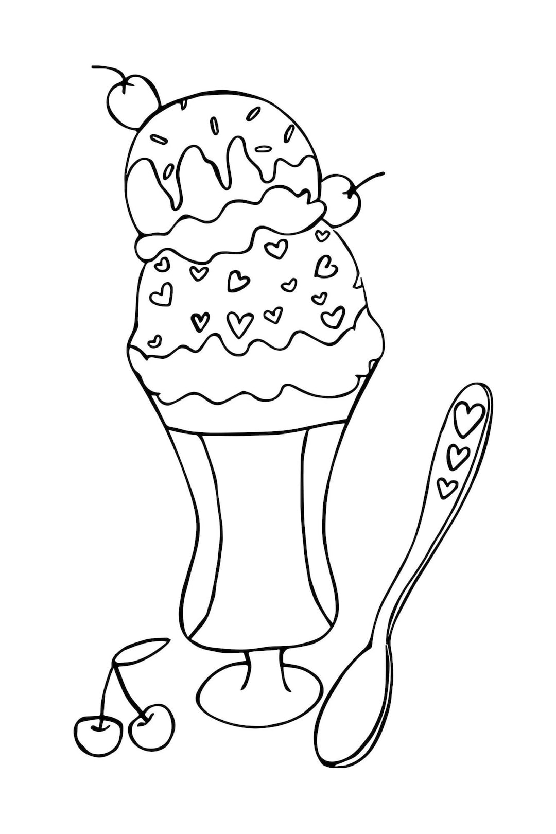 Ice Cream Sundae Coloring Page, Clip Art, Graphic, Image. PNG File in