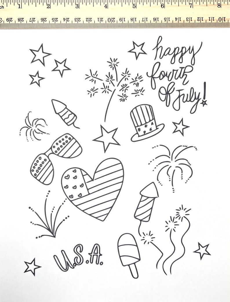 Fourth of July Doodles Coloring Page! PNG File in Black and White