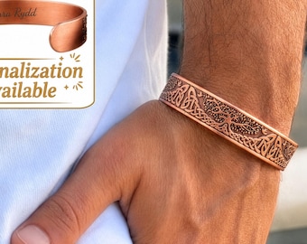Mens Pure Copper Bracelet, Personalized Celtic Tree of Life Magnetic Cuff, Gift for Him