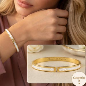 Personalized 18K Gold Plated Bangle, Mother of Pearl Inlay, Engraved Cuff