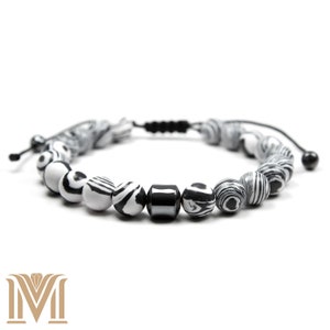 Black and White Adjustable Bracelet with Synthetic Malachite and Natural Hematite Beads - Unisex Jewelry