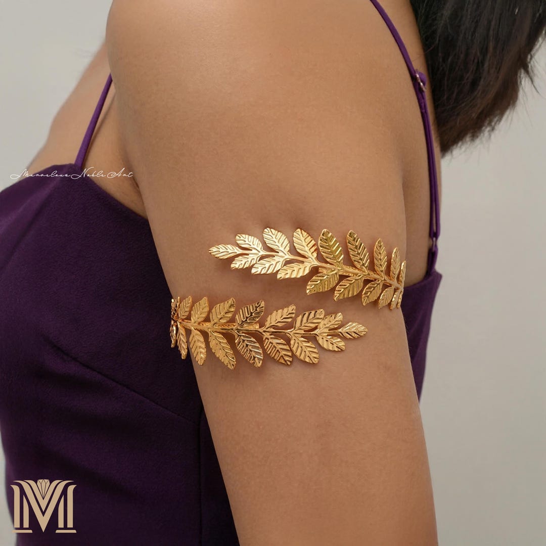 Personalized 18K Gold Leaf Arm Cuff, Adjustable Greek Goddess Band - Etsy