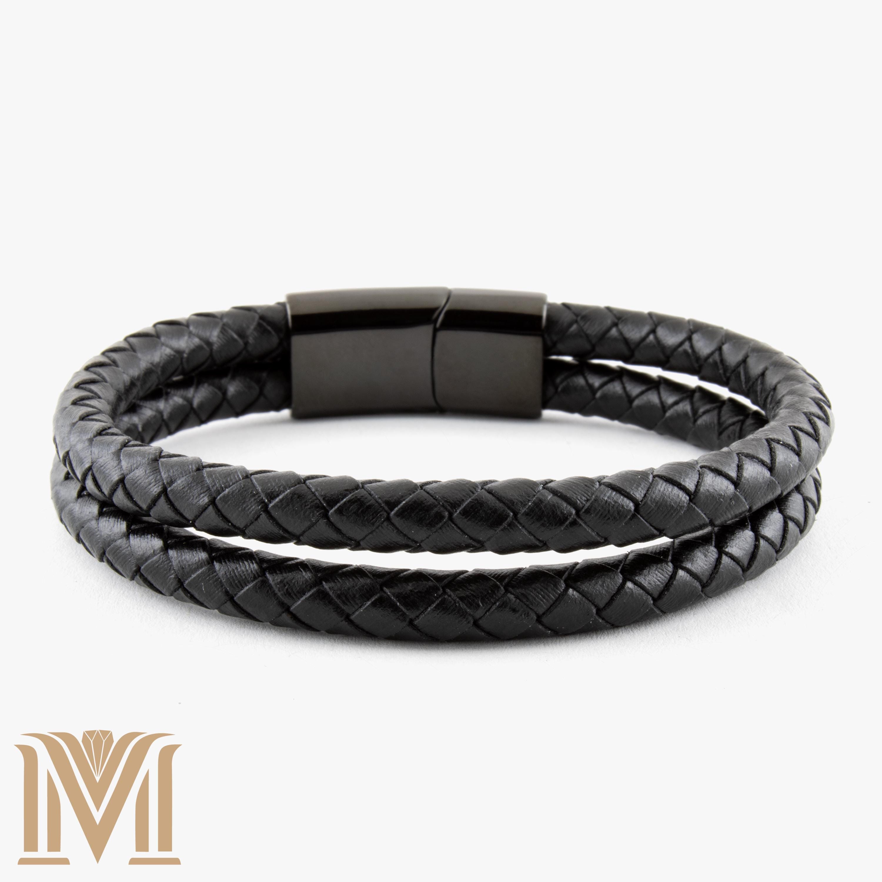 Black Braided Leather Bracelet – Double Wrap Men’s Bracelet with Magnetic Clasp | Stainless Steel Closure | Minimalist Leather Gift for Him