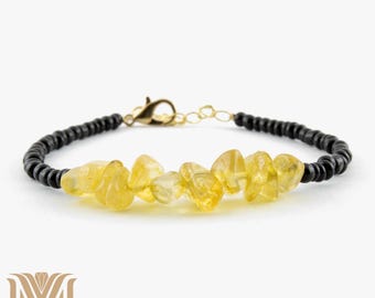 Citrine and Onyx Beaded Bracelet: Gold Accents, Adjustable