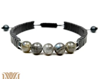 Adjustable Labradorite and Hematite Beaded Bracelet - for Men and Women