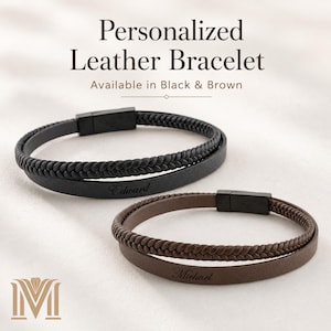 Personalized Black Leather Bracelet for Men – Braided Double Layer, Magnetic Clasp - father's day gift