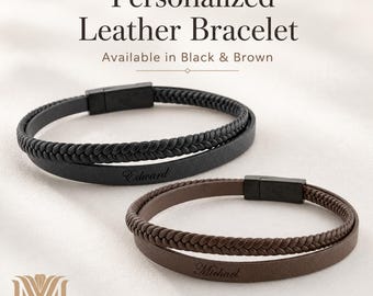 Personalized Black Leather Bracelet for Men – Braided Double Layer, Magnetic Clasp - father's day gift