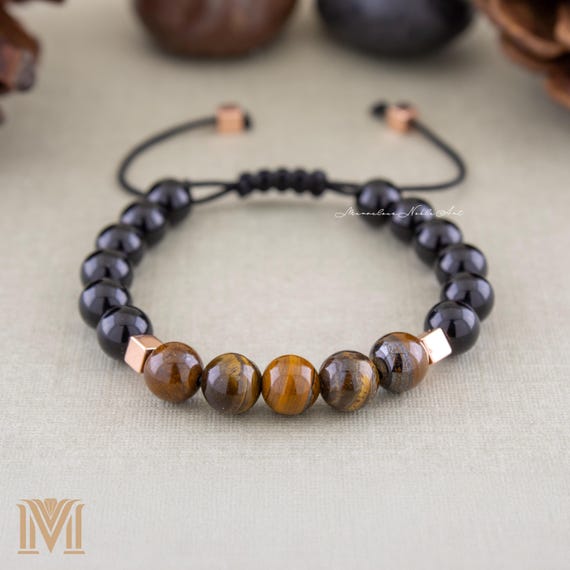 Bracelet macramé oeil de tigre et onyx - Bijoux