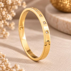 Personalized Engraved Bangle – 18K Gold Plated Crystal Star Cuff Bracelet