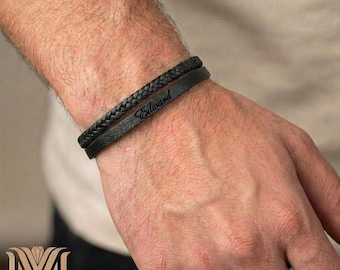 Bracelet en cuir noir personnalisé | Prénom gravé, fermoir magnétique