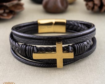 アクセサリー Engrave the Cross Studs Leather Bracelet Men Cross Leather Bracelet, Engraved Leather Bracelet for Him