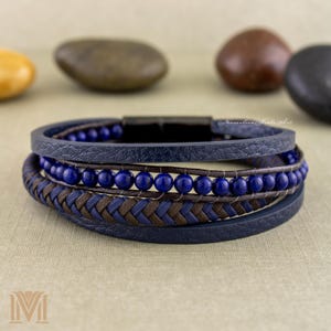 Personalized Lapis Lazuli Beaded Leather Bracelet – Engraved  display picture 3