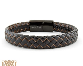 Personalized Braided Black Leather Bracelet: Engraved Magnetic Clasp