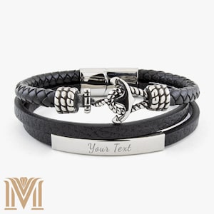 Custom Engraved Anchor Leather Bracelet — Personalized Men’s Jewelry, Name Bracelet, Nautical Gift for Him, Anniversary Keepsake