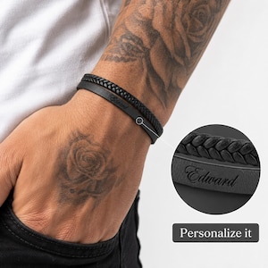 Personalized Black Leather Bracelet for Men – Braided Double Layer, Magnetic Clasp - father's day gift