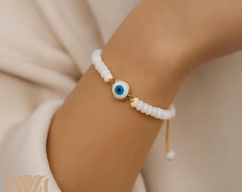 Pulsera ajustable de nácar con ojo malvado – Joyería de protección Nazar