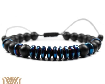 Matte Black Onyx & Blue Hematite Bracelet - Adjustable Gemstone Jewelry
