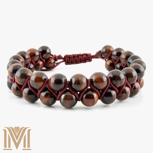 Red Tiger Eye Beaded Bracelet – Handmade Macrame Gemstone Jewelry – Natural Stone Bracelet for Men & Women – Adjustable Gift for Him or Her