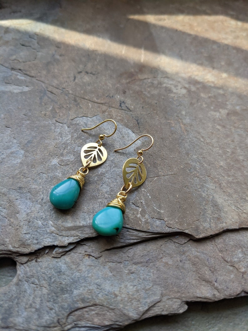 Dainty Brass Leaf Earrings with Turquoise Stones