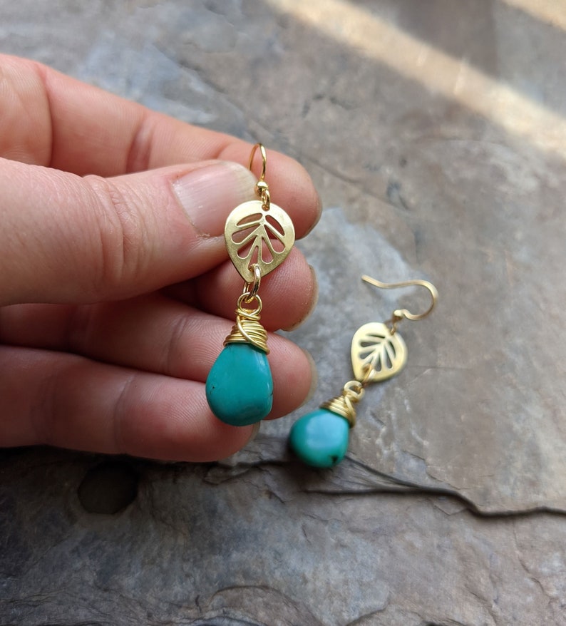 Dainty Brass Leaf Earrings with Turquoise Stones