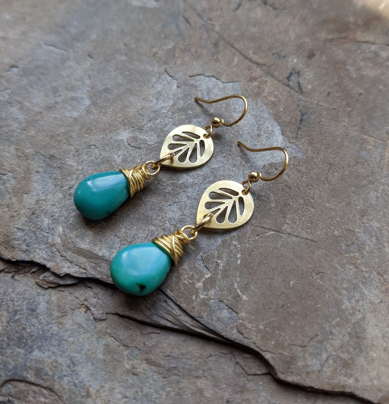 Dainty Brass Leaf Earrings with Turquoise Stones