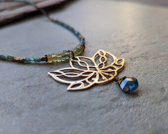 Bronze Lotus, Sapphire and Green Garnet Beaded Necklace