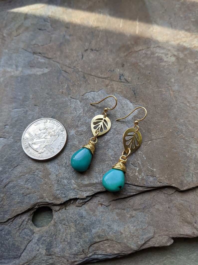 Dainty Brass Leaf Earrings with Turquoise Stones