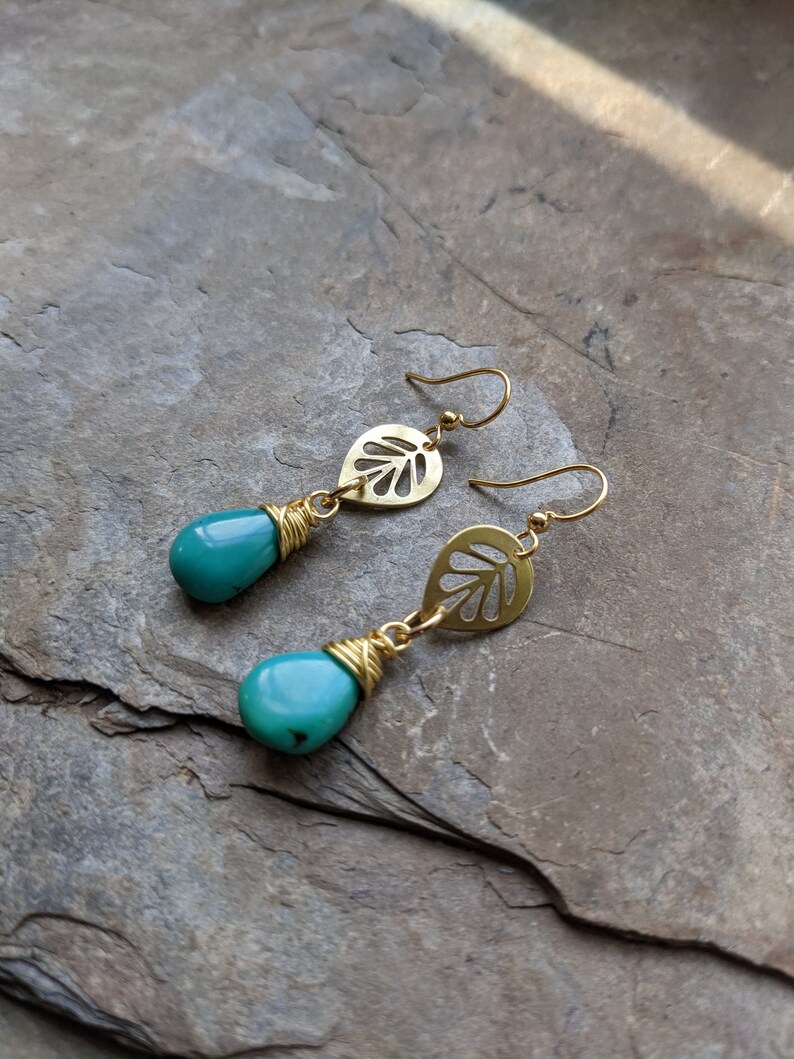 Dainty Brass Leaf Earrings with Turquoise Stones
