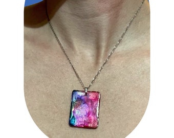 Handmade Alcohol Ink Hand-Painted Rectangle Resin Necklace • Wearable Art • Handmade Jewelry