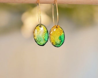 Hand-Painted Green and Gold Resin Dangling Earrings - Handmade Unique Alcohol Ink Jewelry