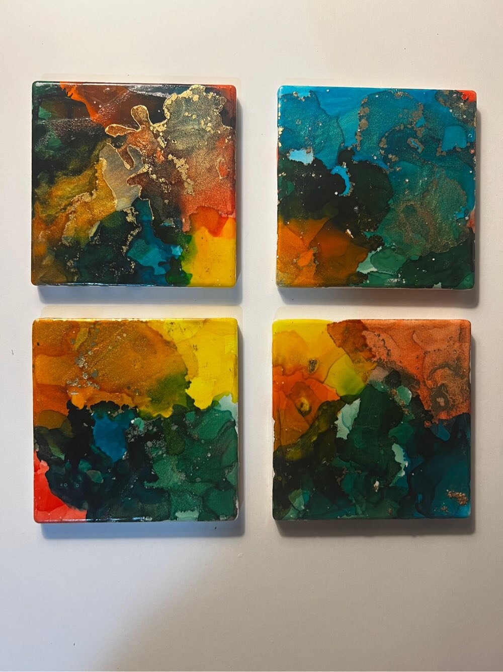 Hand-Painted Alcohol Ink Ceramic Coasters - Set of 4 Square Coasters