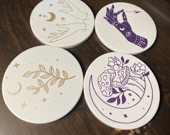 Celestial Themed Round Ceramic Coasters • Set of 4