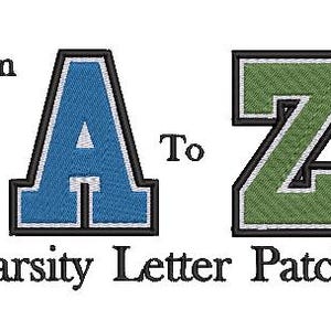 Könnte beinhalten: Buchstaben-Patches für Schuluniformen von A bis Z. Ein blauer Filzbuchstabe A und ein grüner Filzbuchstabe Z mit schwarzen Umrandungen.