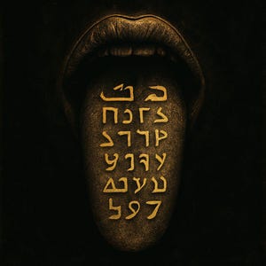 Pode incluir: Uma obra de arte digital com um close-up de uma boca com lábios abertos. Uma língua texturizada se estende, coberta por texto estilizado em cor dourada. O fundo é de uma cor escura e sólida, criando um contraste dramático.