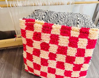 Handmade Moroccan Checkerboard Pouf - Pink & Cream Wool Floor Pillow - Berber Boucherouite Ottoman - Square Boho Seat Cushion - Unstuffed