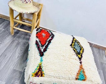Large Moroccan Berber Pouf Ottoman - Handwoven Wool Floor Pillow - White Boujad Square Cushion - Boho Chic Home Decor - Artisanal Footstool
