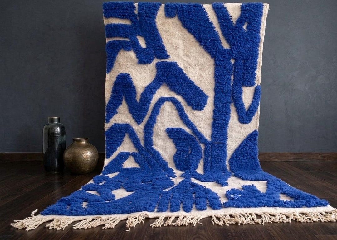 Modern Cobalt Blue Cream Shaggy Area Rug: Large Bohemian Abstract ...
