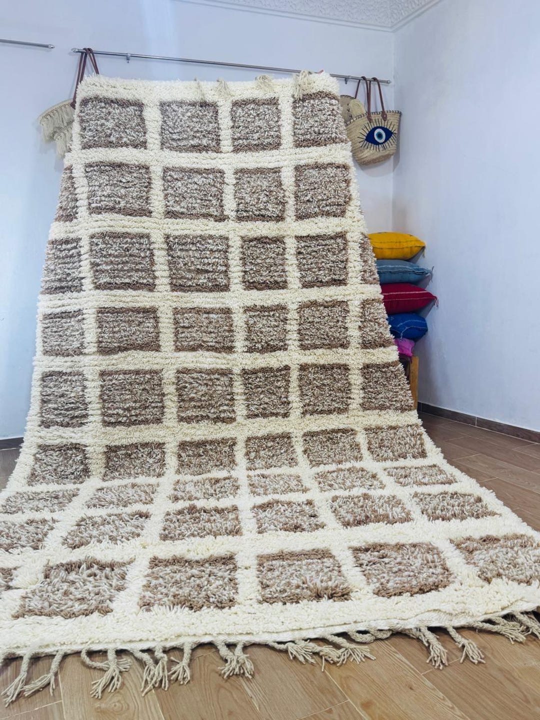 Wool Checkered Rug Handmade Moroccan Checkered Rug – Beige & Cream Wool Shag Carpet, Cozy ...