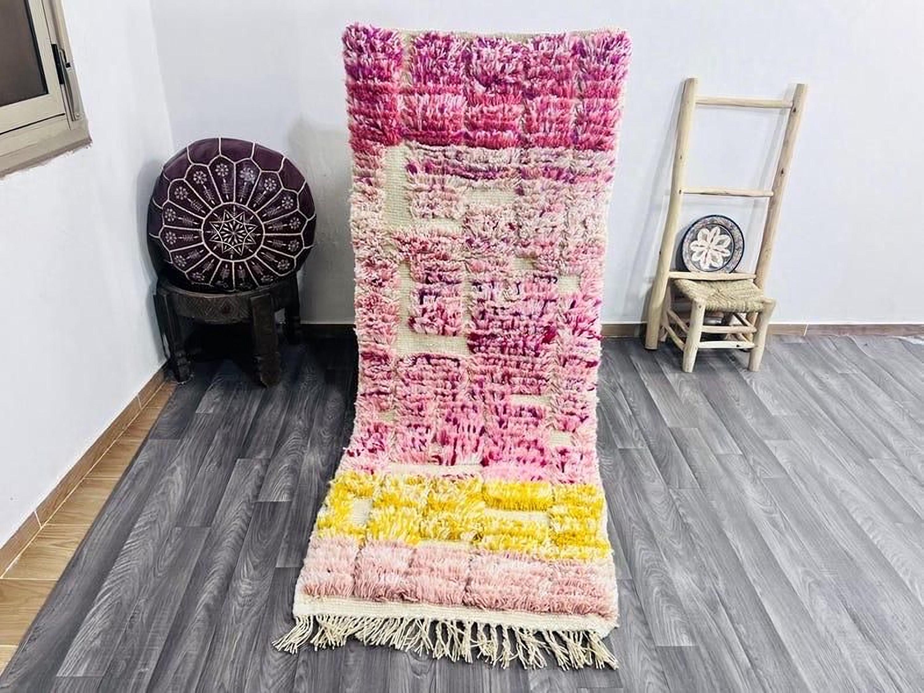 Moroccan Wool Rug: Handwoven Pink & Yellow Boho Runner - Etsy