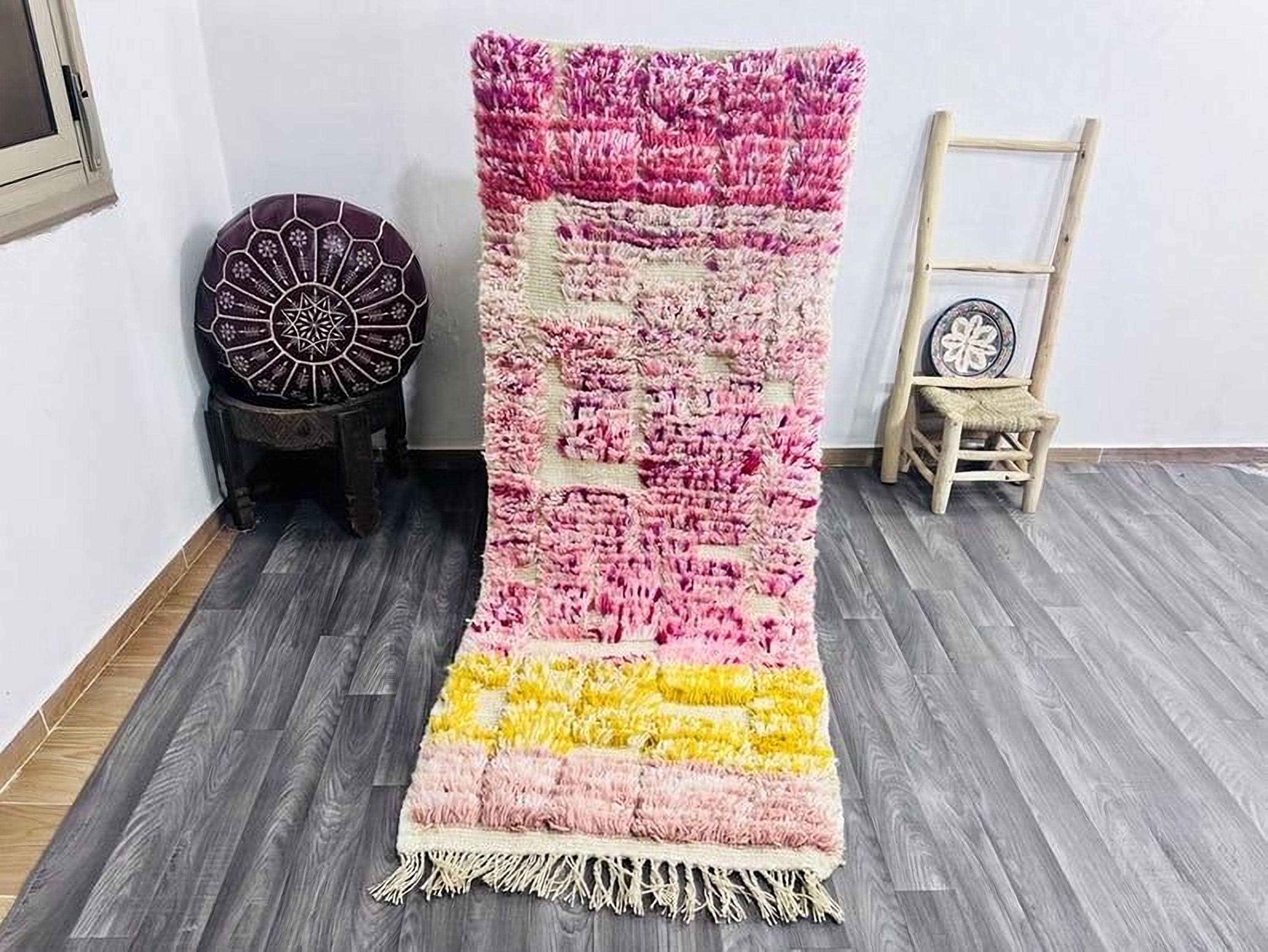 Moroccan Wool Rug: Handwoven Pink & Yellow Boho Runner - Etsy
