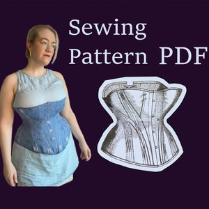 May include: A blue corset with a white background. The corset has a pattern of stitching and buttons. The text "Sewing Pattern PDF" is written in white letters on a blue background.
