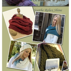 May include: Four images showcasing different knitted scarves and hats. The first image shows a red knitted scarf on a wooden mannequin. The second image shows a teal knitted scarf worn by a woman. The third image shows a woman wearing a white knitted hat and a blue and white knitted scarf. The fourth image shows a green knitted scarf with a book and glasses on top.