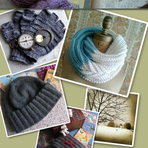 Puede incluir: Un collage de imágenes que muestran varios artículos de punto, incluyendo un gorro, guantes, una bufanda y un par de calcetines. Las imágenes se colocan sobre un fondo de un libro con el texto "I live on a farm" y una caja de madera con una brújula en la parte superior. El collage también incluye una escena de invierno con un árbol y nieve.