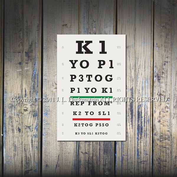 Knitters Eye Chart (TM) Knitter Gift Idea As Seen in Vogue Knitting and Interweave Knits 12 x 18 Inch Print Lace Stitch Pattern Design