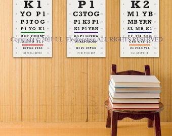 Knitter's Eye Chart (TM) Knitter Gift Idea Set of 3 As Seen in Vogue Knitting and Interweave Knits Holiday Gifts 2011 12 x 18 Inch Prints