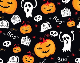 1 Yard Halloween Quilt Fabric - Ghosts Pumpkins Graves Boo on Black Background 100% Cotton