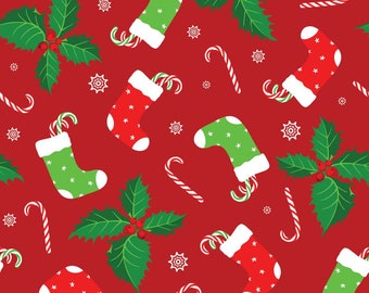 1 Yard Christmas Fabric Stocking Toss on Red Background 100% Cotton Fabric