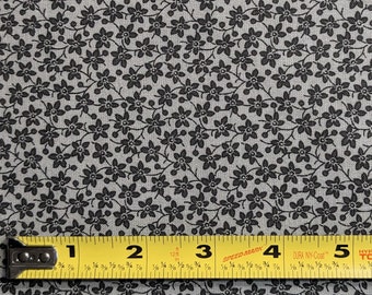 1 Yard Cotton Fabric, black gray tone on tone, small floral vine print fabric, quilt fabric