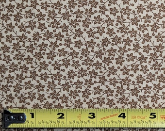 1 Yard Cotton Fabric, brown tan tone on tone, small floral vine fabric, quilt fabric